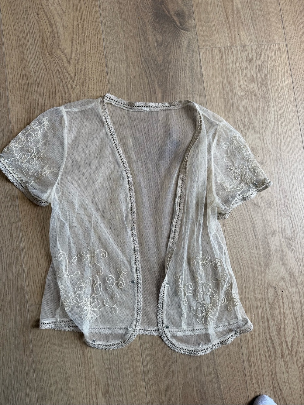 Ivory Sheer Embroidered Mesh Lace Cardigan Top Beaded Boho